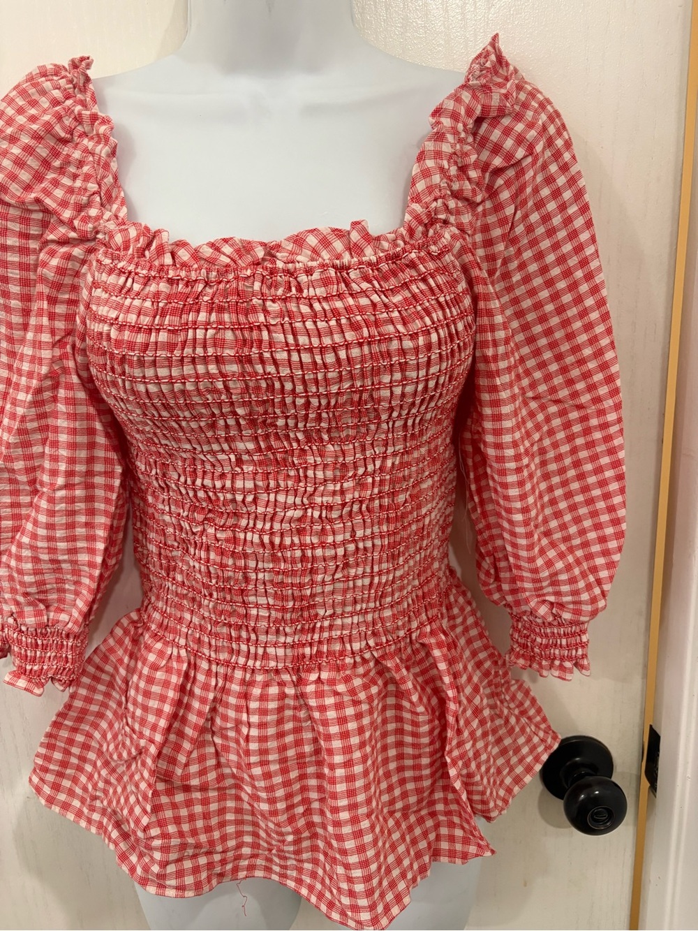 Nicole miller Western country peasant picnic Smocked Red Gingham Peplum Top - Picture 5 of 7